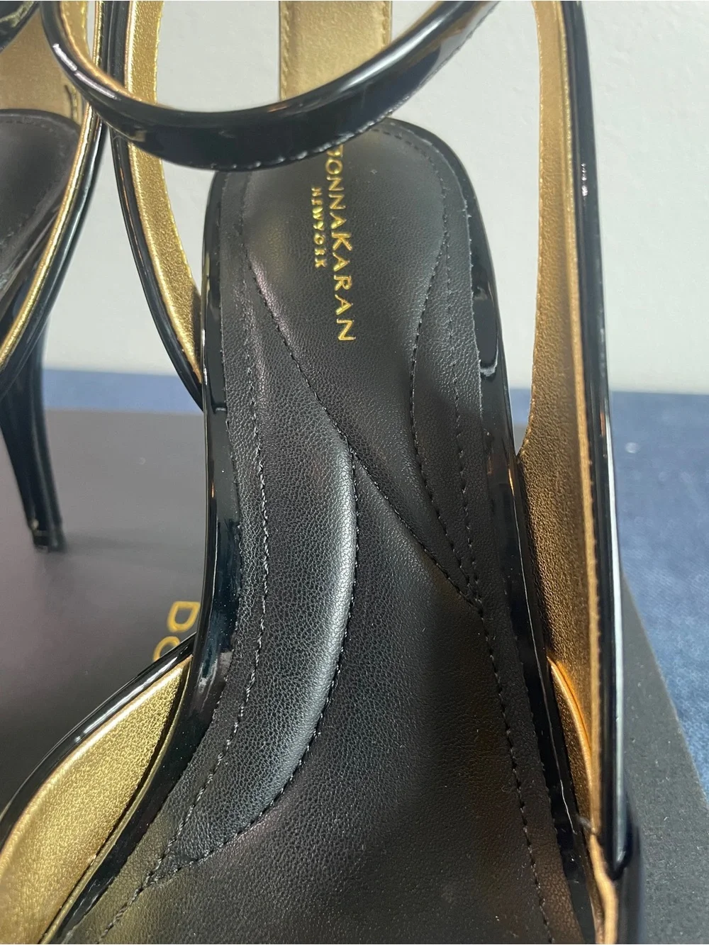 Donna Karan - Somerset - Black Patent Peep-Toe Ankle-Strap Heels with Gold Trim